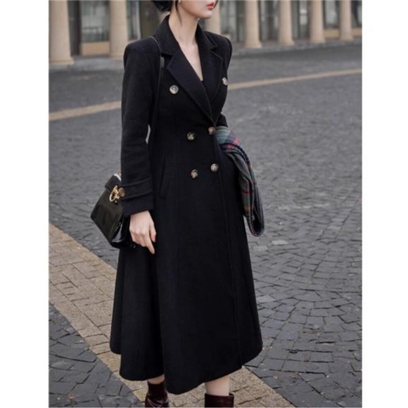 Womens Long Coat, Double Breasted Trench Coat Black - Picture 4 of 6